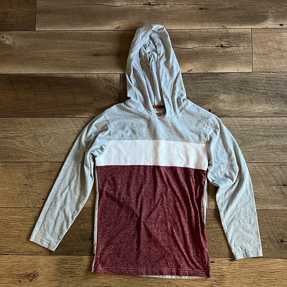 Boys, long sleeve hoodie, T medium distortion brand, red, gray, and white